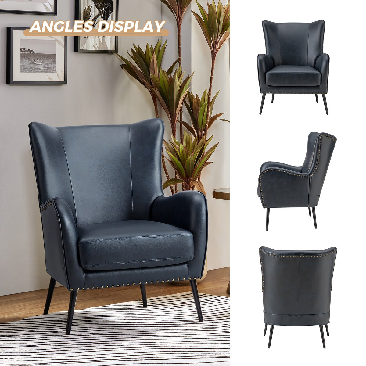 Navy Leather Wingback Armchair Set of 2 B431
