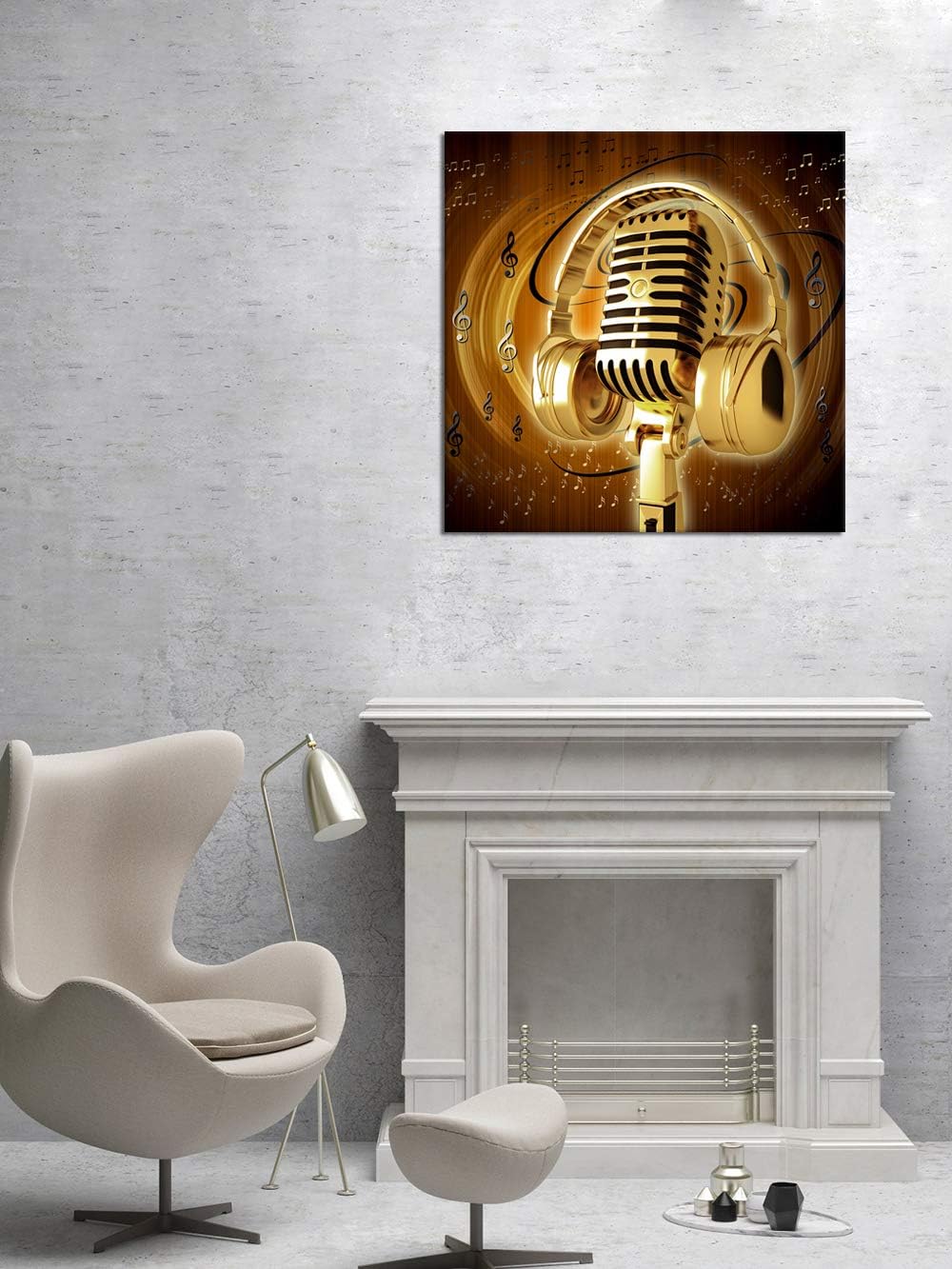 Gold Metal Microphone and Headset Musical Note Picture Print on Canvas 24x24inch S403977